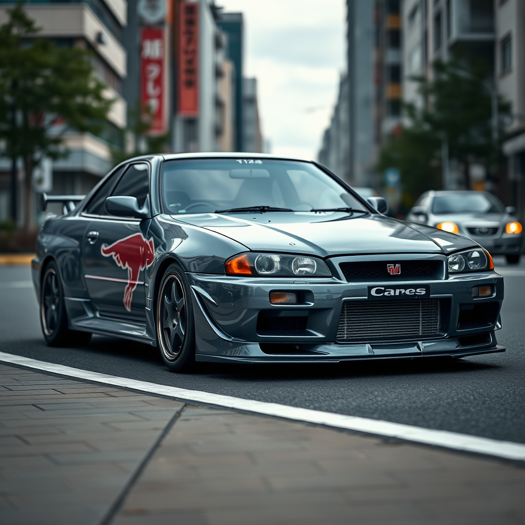 The car is parked on the side of the road, inspired by Taiyō Matsumoto, tumblr, restomod, nd4, c4 metallic shine gray black nissan skyline r34 tokyo arkaplan hatasız tam eksiksiz ayrıntılı genel gerçek detaylar en iyi fotoğraf poz sinematik hafif yağış su damlalar yansıma ıslak yol need for speed tarzı body kit