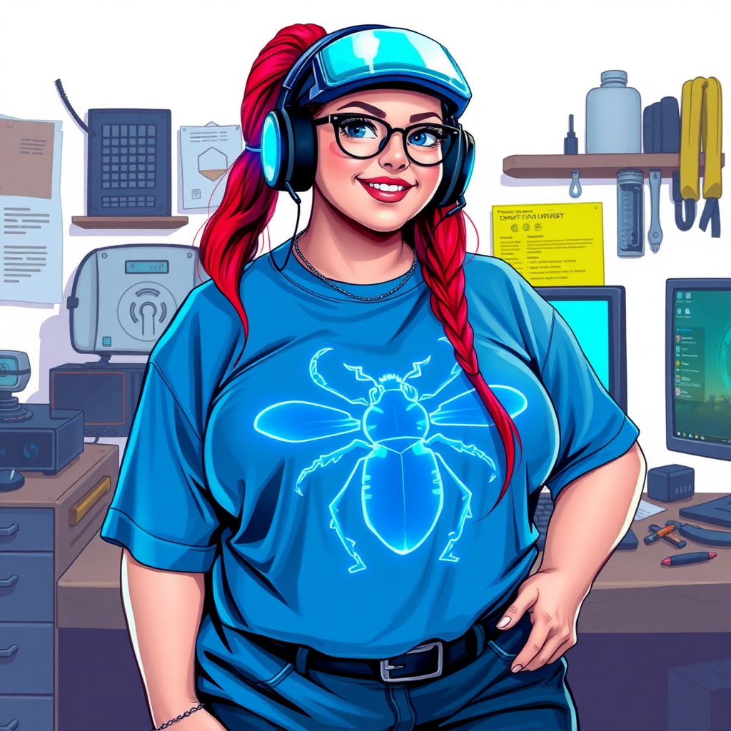 A cyberpunk vigilante’s full-figured intelligent and tech-savvy 29-year-old girlfriend, who is a computer hacker and tech genius. She has a long ruby red ponytail and bright blue eyes. She wears a sapphire beetle gemstone necklace, and an oversized maximum blue t-shirt featuring a giant neon blue glowing icon of a beetle on its chest. She has a full-figured physique with a prominently, large, well-rounded midsection, reflecting her well-cared-for lifestyle. The midsection is heavily emphasized. She sports a sapphire headset with hi-tech maximum turquoise lensed HUD visor, black eyeglasses, and a beaming smile with a passionate bright red blush. Despite her figure and a lack of self-esteem, she radiates an air of beauty. She has a slim face which contributes to her radiant beauty. She serves as his tech expert from his hideout, dutifully working at her workshop with a computer desk and tool bench. The background is solid white. She is drawn as if she was in a retro 2D cyberpunk fighting game. Ensure her shirt covers her well-rounded midsection.