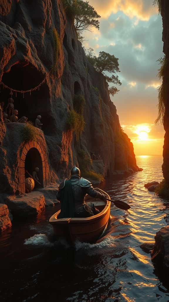 an epic cinematic low camera angle of a wounded scarred knight in a small wooden boat navigating a small precarious river canal with imposing cliffs on either side with embedded ruins rock formations and rock overhangs and bridges, overgrown with nature embedded ruins, hanging vines foliage, trees, and sporadic dead skeletons and armor from dead warriors the cliffs reveal background the ocean in a sunset with a big sun and dramatic clouds