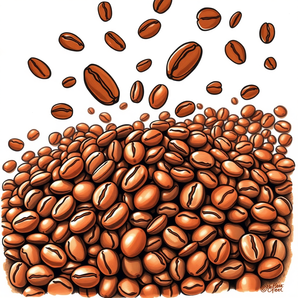 Draw a delicious image of real-life coffee beans, with coffee beans falling from above and coffee beans piled up below.