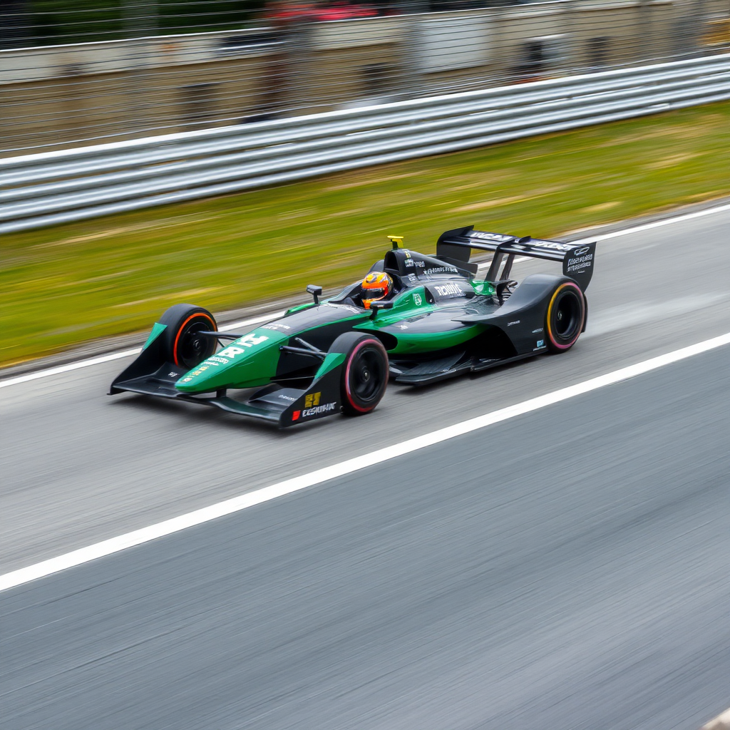 a formula e car whizzing along at high speed. the car is green and black but has no visible text on it. the car is on an open section of track with no barriers.