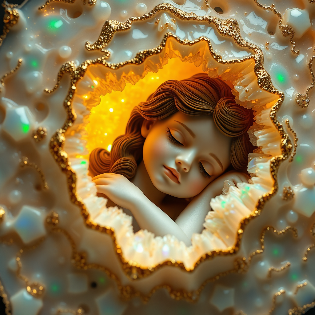 preteen girl statue sleeping in a geode, porcelain doll, artists doll, mandelbulb fractal, ultra-detailed, dynamic composition, artistic photograph, fractal, brilliant colors, glittering, illumination, transparency, translucent, opal, turquoise, gold, romanticism, sharp focus, pottery, floral, mother of pearl, iridescent, reflective, glossy