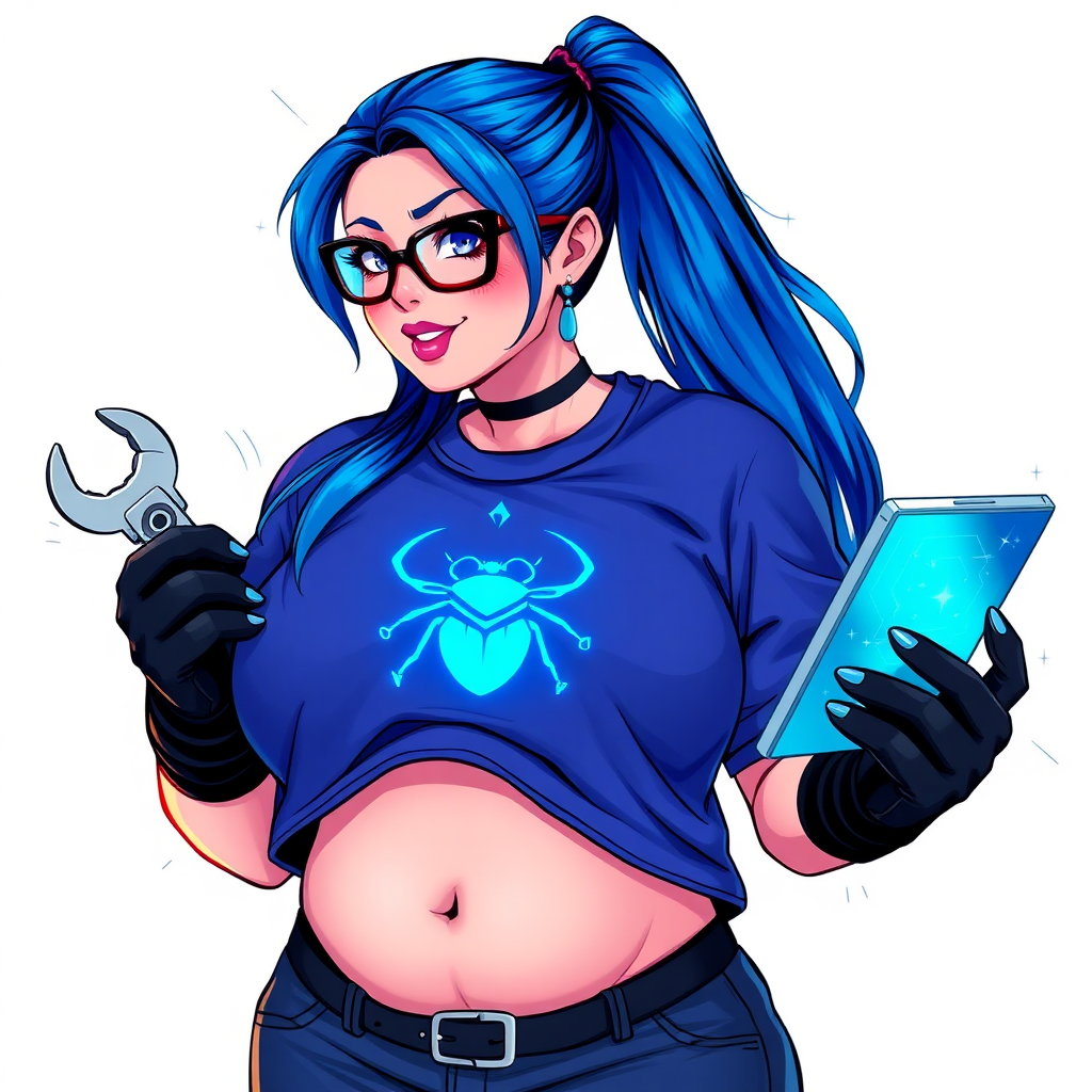 A 28-year-old, full-figured tech genius, she is the devoted girlfriend and sidekick of a cyberpunk vigilante. Her long, maximum blue ponytail and glowing sapphire eyes are striking features. Her prominent, round midsection, gigantic limbs, and broad shoulders define her full figure. As the loyal and supportive sidekick, she plays a crucial role in their missions, using her digital and technological prowess to assist and protect.

She wears an oversized maximum blue t-shirt with a glowing neon blue beetle chest icon, maximum blue lipstick, and black high-tech gloves. Her neon red blush and lovestruck smile are ever-present as she holds a futuristic wrench and a digital holographic tablet. Her full figure (especially her round midsection) shows how pampered she is by her doting boyfriend. Her nerdiness is unmistakable, accentuated by her black oversized eyeglasses. She is on a solid white background. She serves as her boyfriend’s indispensable tech expert. She is drawn as if she was in a retro 2D cyberpunk fighting game. Make sure her shirt covers her midsection.