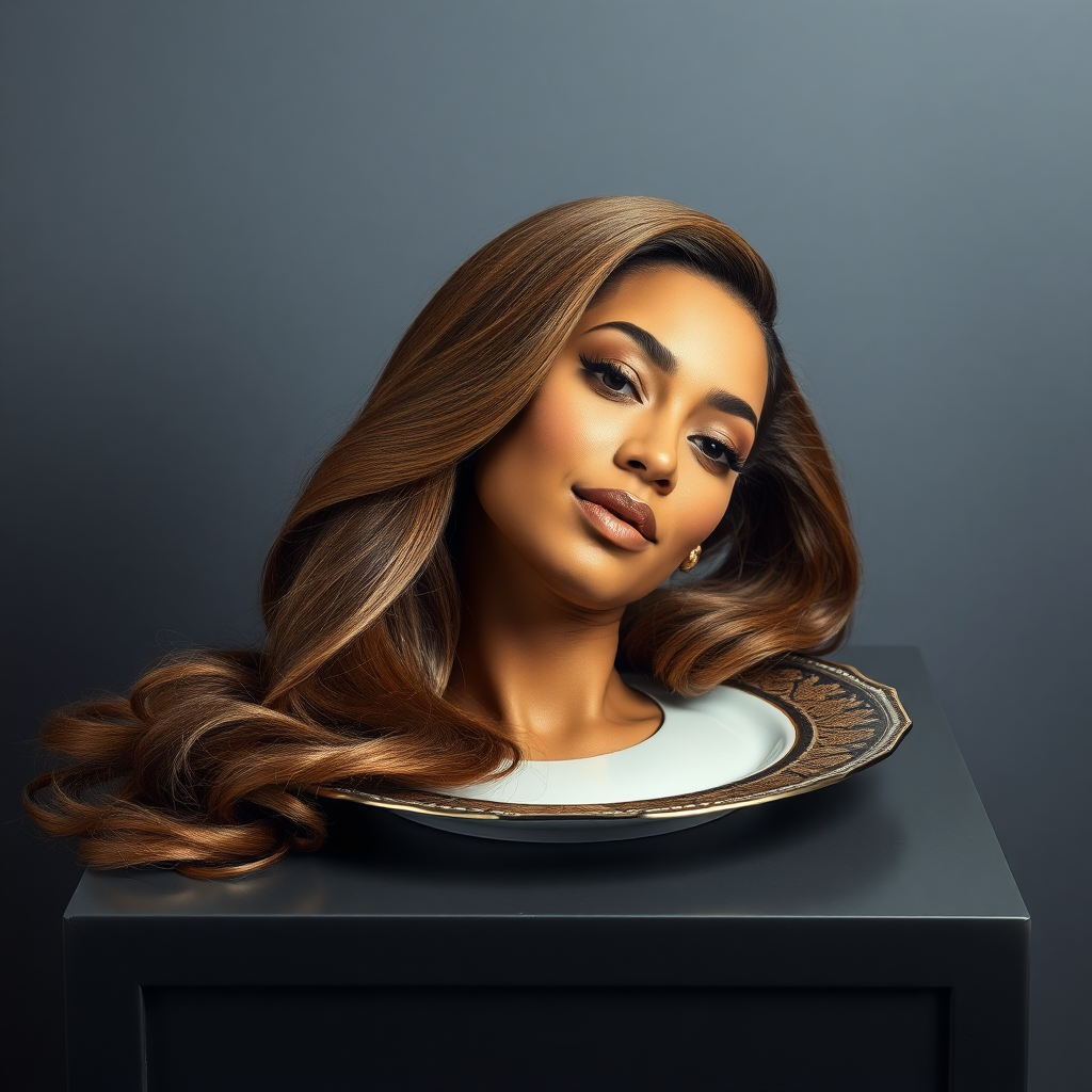 In a surreal and striking scene, the elegantly styled disembodied head of a stunningly beautiful Beyoncé rests gracefully on an ornate, luxurious plate, which is carefully placed on a simple, understated table. Her very long, flowing hair cascades like a rich waterfall of silky, rich brown locks, framing her exquisite face and accentuating her radiant, flawlessly glowing skin. The delicate contours of her chin rest lightly against the polished surface of the plate, lending an unexpected intimacy to the bizarre presentation. 

The background is a muted, plain gray, casting an air of modern minimalism that contrasts dramatically with the lavishness of her appearance. Soft shadows play across her features, highlighting the subtle high cheekbones and perfectly shaped lips, which seem poised for a soft smile. The atmosphere feels both elegant and eerie, inviting intrigue and contemplation as viewers are drawn into this surreal artistic tableau, where beauty and the absurd collide in unexpected harmony.