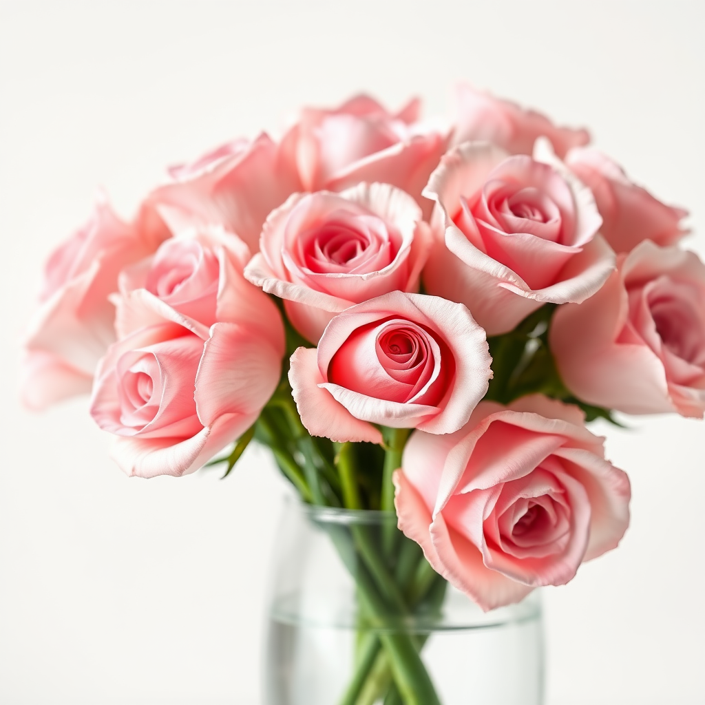 A close-up of a delicate bouquet of soft pink roses arranged in a clear glass vase, captured with a hyperrealistic style. The background is a smooth, muted white, enhancing the vibrant details of the petals. The roses exhibit varying shades of pink, with subtle gradients and velvety textures. The natural green stems are visible beneath the water in the vase, adding a fresh and organic feel. Soft, diffused lighting creates a gentle atmosphere, highlighting the intricate layers of each rose and casting soft shadows. The overall composition conveys elegance, beauty, and tranquility.