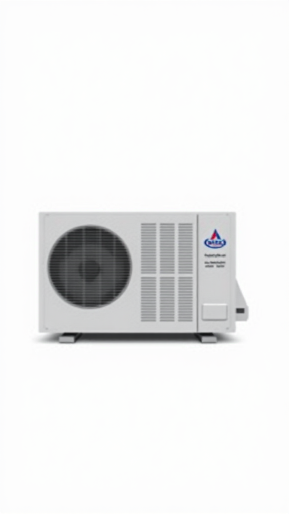 A simple, high-resolution, realistic photo of a standard residential outdoor air conditioning unit or condenser. The unit should be placed on a flat surface. The unit should be a neutral color. Plain, uncluttered background. No text.