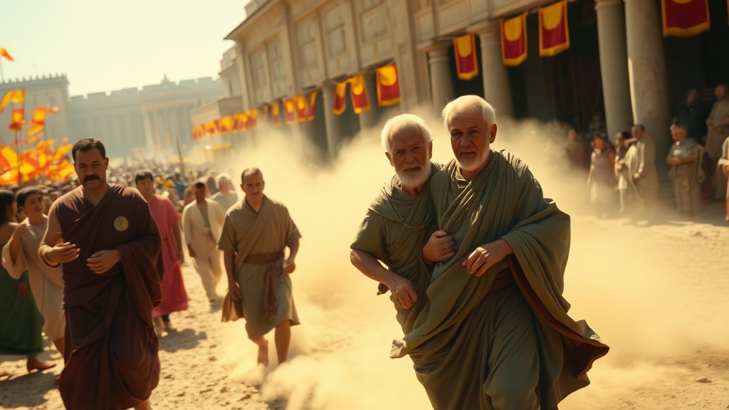 A sundrenched marketplace on the outskirts of a bustling ancient city, where officials in flowing robes, with stern expressions and determined strides, physically escort Cincinnatus—an elderly man with a dignified demeanor—from the vibrant field of celebration towards the city gates. The camera follows them in a smooth side shot, capturing the tension of the moment as dust vigorously kicks up from their hurried footsteps, emphasizing the urgency of their mission. Bright banners flutter in the breeze, and curious onlookers pause to gaze in disbelief, creating a mix of anticipation and intrigue in the atmosphere.