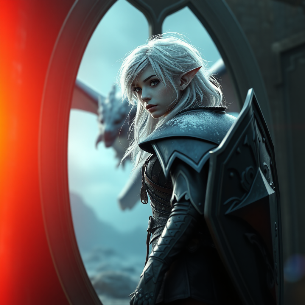 A twenty-something elf girl like (Ana de Armas). Messy shoulder length white hair. Wide triangular shoulder pads, flowing cloak, leather armor, shield, skirt, high heel ankle boots. She is looking at a dragon in the mirror, flying in the background. WLOP style. Photorealistic digital matte painting, highly detailed, film grain, lens flare, chromatic aberration.