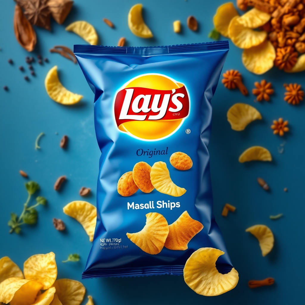 Indian blue lays redesign it with a blue base having the spices of India and showcasing them proudly by Indians having original logo and text in English. Show potato and potato chips with the masala.