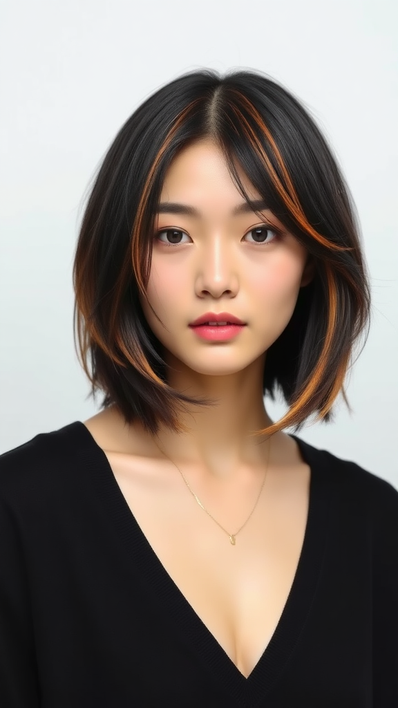 Liu Wen with short layered black hair with orange highlights, light solid background, in high definition