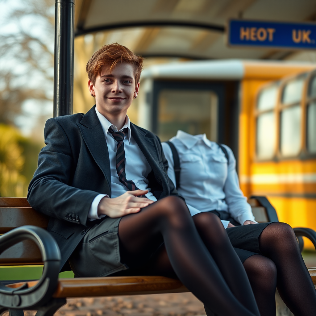 photorealistic, ultra high resolution, 16K, surreal fantasy, soft studio lighting, a pretty 18 year old goth male, slim male physique, auburn hair, goth makeup, earrings, shiny black pantyhose, UK girls-school uniform, Mary-Jane shoes, sitting on his boyfriend's lap on a bench waiting for the school bus, in daylight, excited smile, facing the camera.