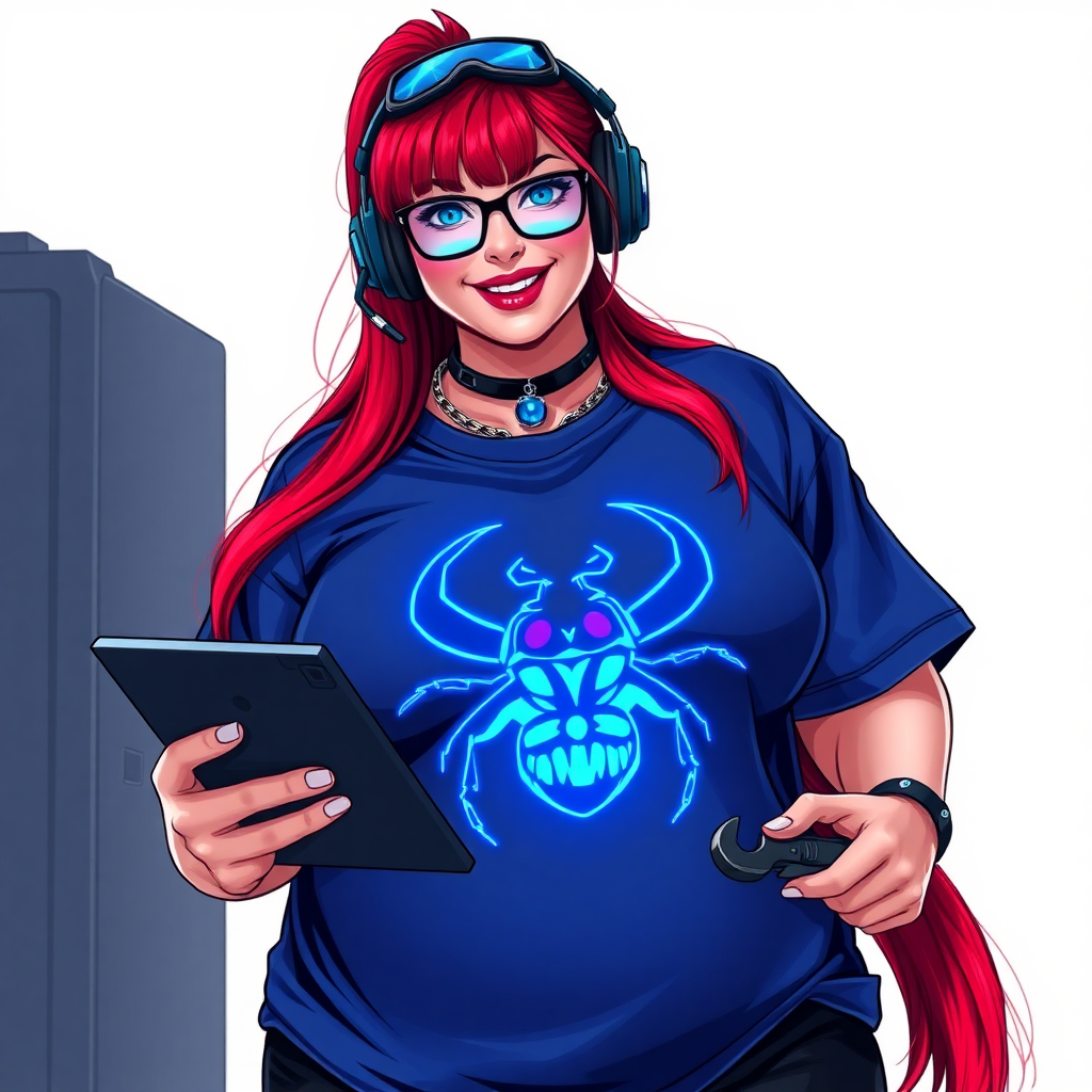 A cyberpunk vigilante’s full-figured intelligent and tech-savvy 29-year-old girlfriend, who is a computer hacker and tech genius. She has a long ruby red ponytail and bright blue eyes. She wears a sapphire beetle gemstone necklace, and an oversized Maximum Blue (RGB 71, 171, 204) t-shirt featuring a giant neon blue glowing icon of a scarab beetle on its chest. She has a full-figured physique with a prominent, gargantuan, round midsection, reflecting her well-cared-for lifestyle. The midsection is heavily emphasized. She sports a sapphire headset with hi-tech Maximum Blue (RGB 71, 171, 204) lensed HUD visor, Maximum Blue (RGB 71, 171, 204) lipstick, black eyeglasses, and a beaming smile with a passionate bright red blush. Despite her figure and a lack of self-esteem, she radiates an air of beauty. She has an angular face which contributes to her radiant beauty. She serves as his tech expert from his hideout, holding a holographic tablet and a hi-tech tool wrench. The background is solid white. She is drawn as if she was in a retro 2D cyberpunk fighting game. Make sure her shirt covers her round midsection.