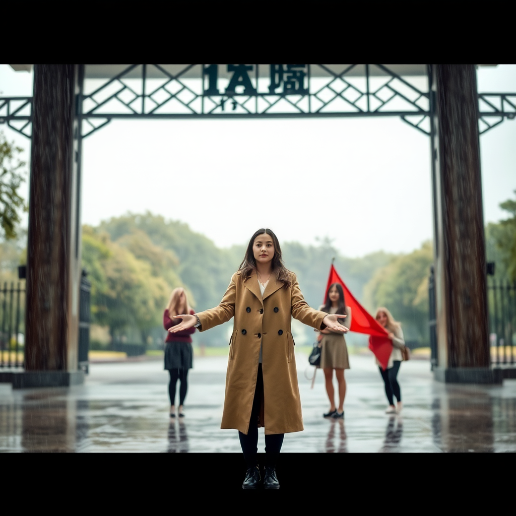 Rainy weather. An 18-year-old woman in a long coat and black pants is standing in front of the city entrance with her hands open and looking straight ahead. Four young women stand before her, one of them holding a flag. Behind the city entrance, only beautiful and dreamy trees can be seen.