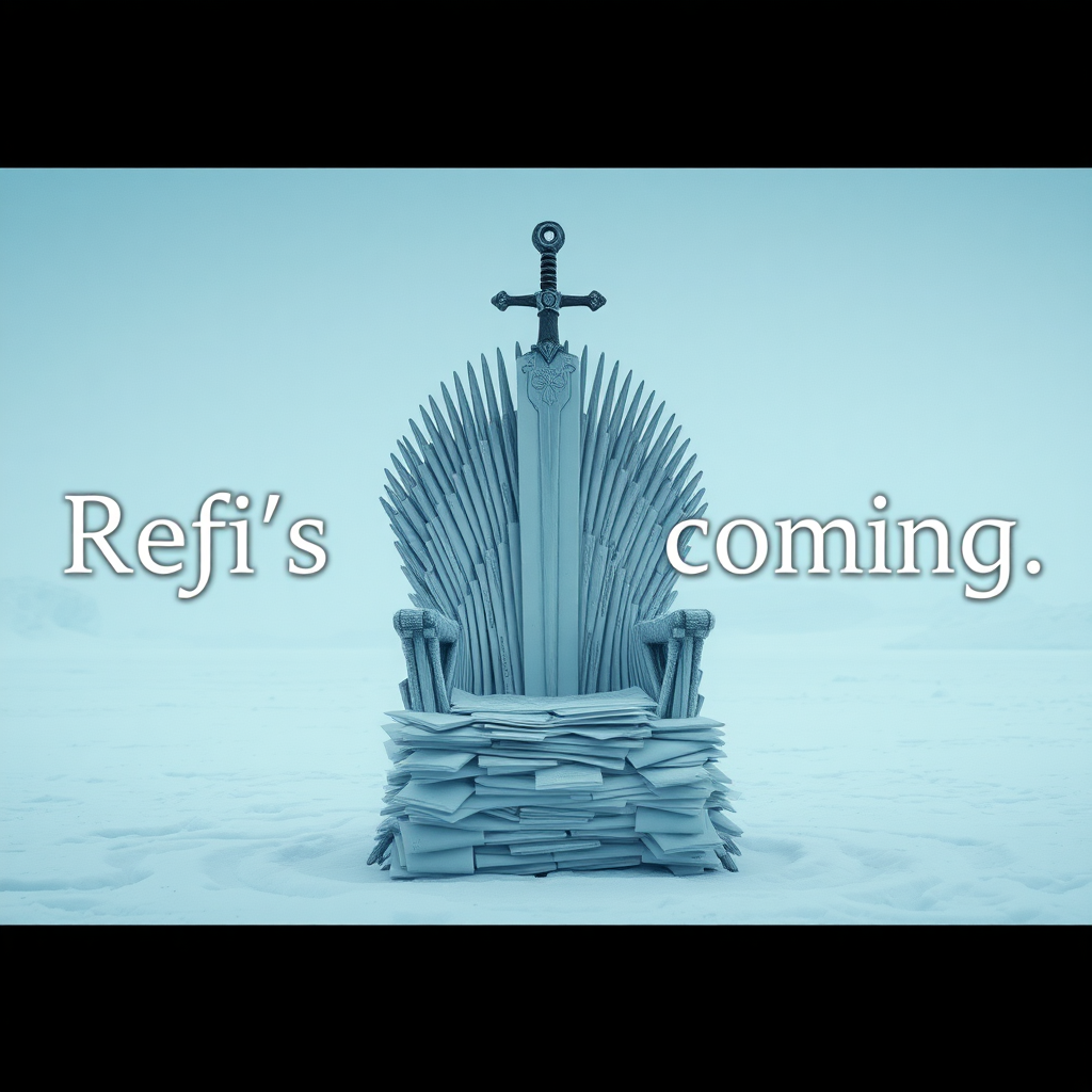 A movie scene in Antarctica depicting the Game of Thrones sword chair made out of stacks of paper. The text in the background says “Refi’s are coming.” Epic theme and high quality cinematic elements. No animals or people. Winter storm, epic legendary shot. Stunning visuals.