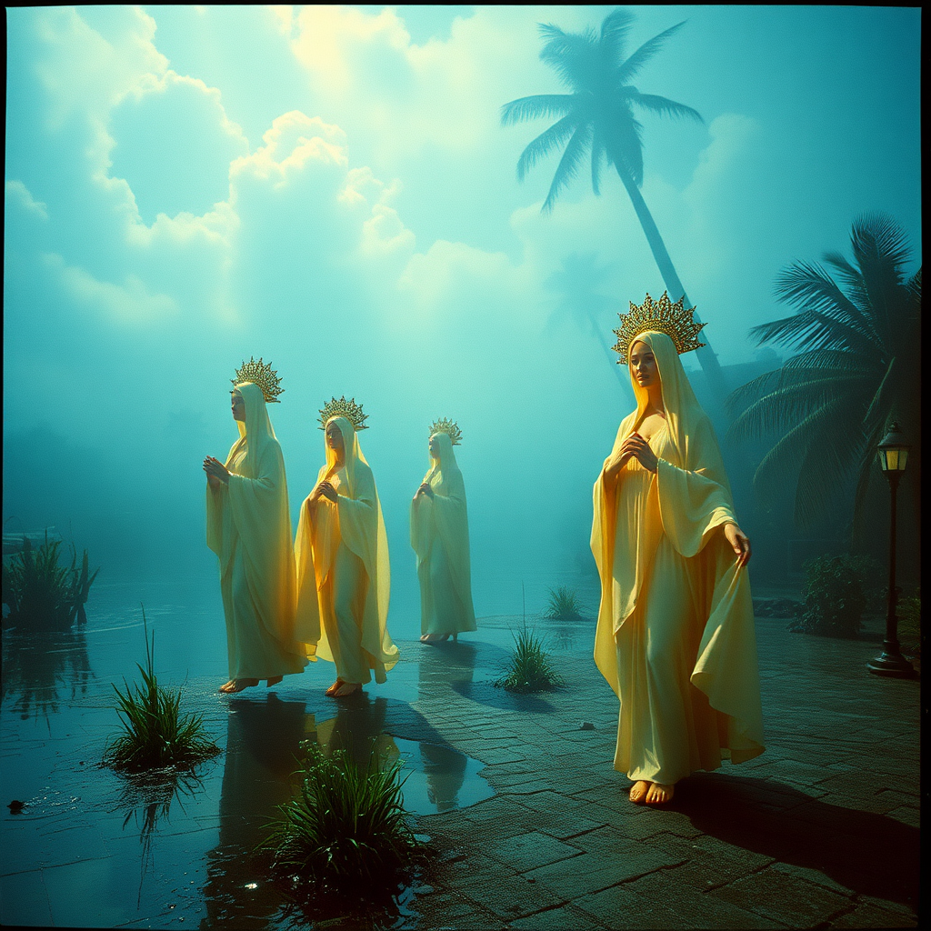 Highly detailed Kodachrome color real surrealist photograph from 1974 of Echoes of the Broadway Everglades  
With her mythical Madonnas  
Still walking in their shades