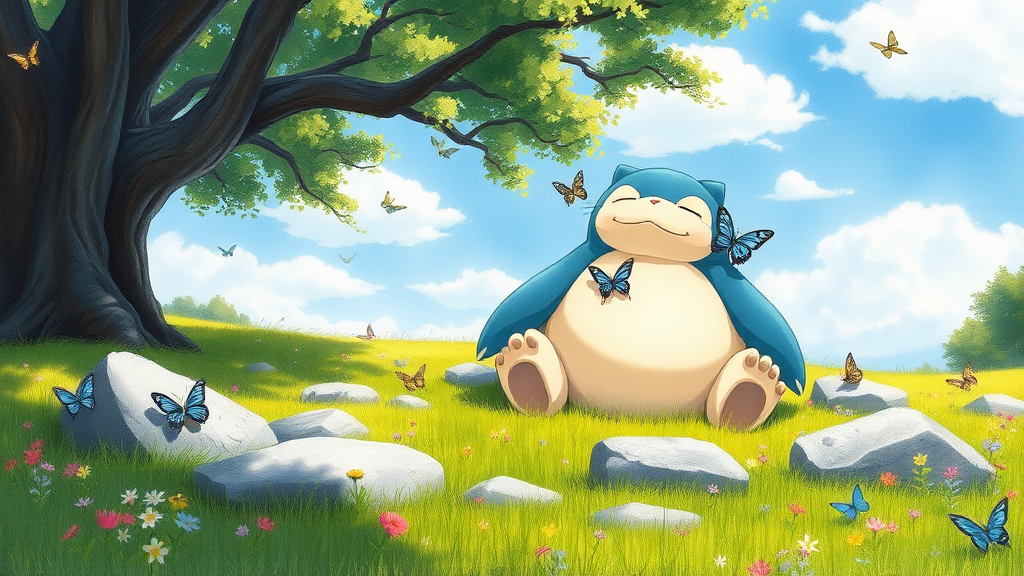 Antique Dutch watercolor painting depicts a serene and relaxing scene set in a lush meadow under a bright blue sky with scattered white clouds. The central figure is Snorlax, a large, blue and white Pokémon character with a round body, closed eyes, and a content expression, sitting comfortably among rocks in a vibrant green grassy field. Snorlax's body is curved, and it rests its head on one of the gray rocks, with sunlight creating shadows on its rounded belly. Its arms and legs are spread out, with lighter beige fur visible on its paws. The meadow is scattered with small, colorful flowers in shades of pink, purple, and blue, creating a tapestry of colors across the landscape. Several butterflies of various sizes and colors, including blue, yellow, pink, and light green, are seen fluttering around Snorlax and resting on the rocks and grass. One butterfly is perched on Snorlax's head, while another is on its belly. The background features two large trees with thick, dark brown trunks and branches extending overhead, their leaves depicted in various shades of forest green, creating a canopy of shade. The sky above is clear and light blue, with soft, white clouds. The scene is brightly lit by natural sunlight, casting soft shadows and highlighting the vibrant colors of the landscape. The overall mood is peaceful and idyllic, enhanced by the high contrast, saturation, luminance, and the balanced exposure of the image. The composition follows the rule of thirds, with Snorlax placed slightly off-center to the left, creating a harmonious and visually appealing image that captures the essence of a tranquil moment in nature.