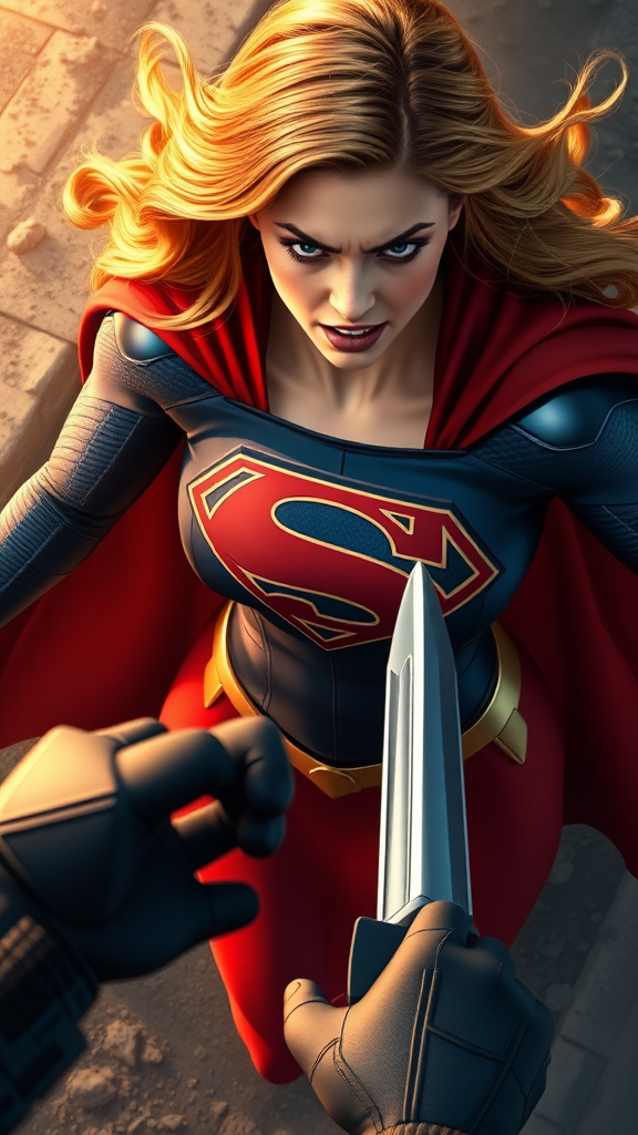 A snapshot from above of Supergirl angry against the enemy in front of her.