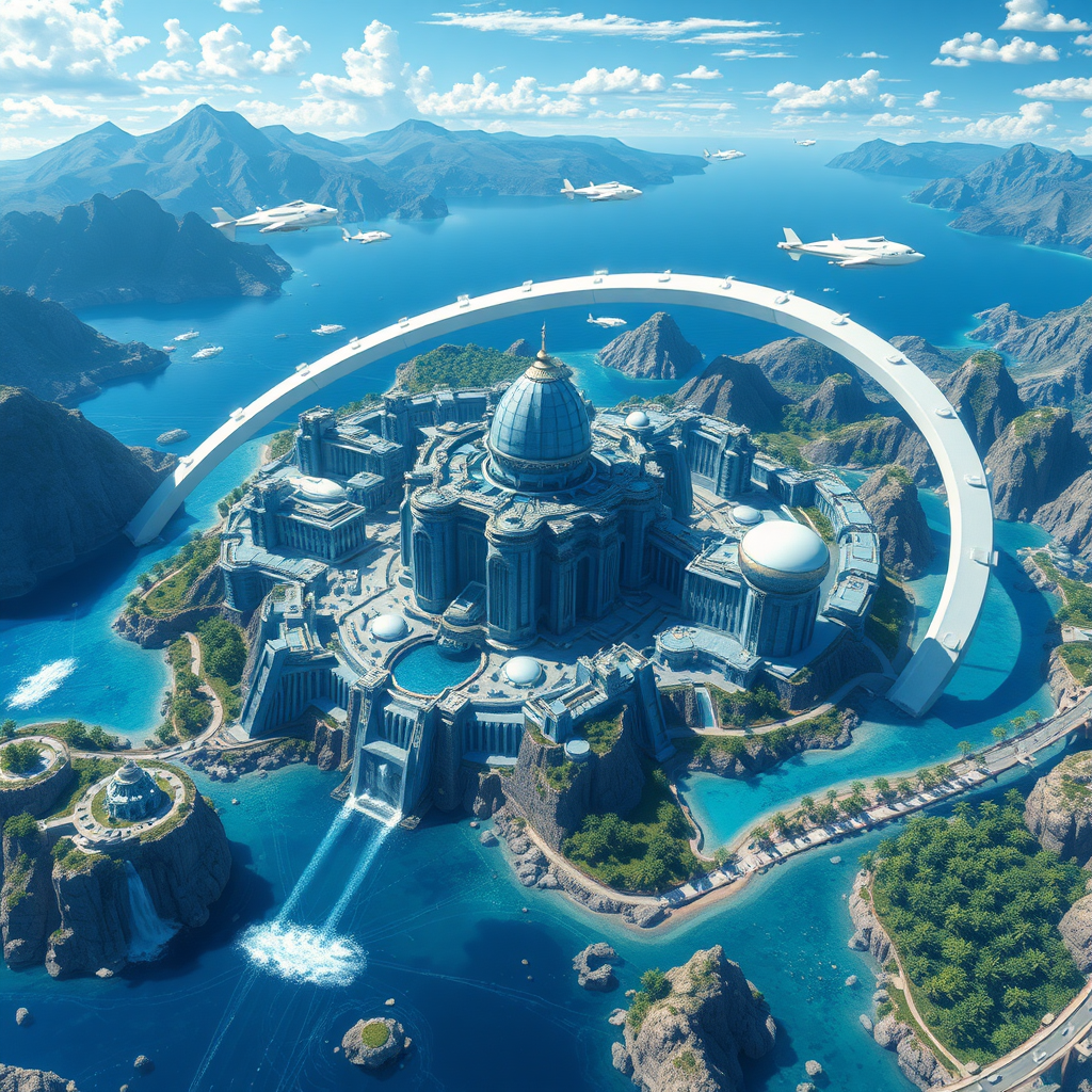 In this 8k resolution anime art, the scene presents an awe-inspiring and cinematic view of Greater Atlantis, a technologically advanced Greek-styled city. The cityscape is grand and expansive, featuring towering, uniquely-shaped structures crafted from blue marble, their intricate designs reflecting a blend of classical elegance and futuristic innovation.

The city is encircled by a massive ringed structure, creating a dramatic and protective barrier that adds a sense of grandeur and scale to the scene. This ringed structure is both functional and ornamental, its design seamlessly integrating with the overall aesthetics of the city.

The surrounding waters are expansive and crystal clear, with white, technologically advanced objects gracefully hovering above the surface, adding a touch of futuristic technology. These floating elements contrast beautifully with the natural landscape, creating a harmonious blend of the organic and the synthetic.

Mountains rise majestically in the background, their peaks adorned with cascading waterfalls that shimmer in the light. The waterfalls tumble down the rocky slopes into the waters below, creating a serene and picturesque setting.

Tropical lands with lush greenery and vibrant flora spread out around the city, enhancing the sense of paradise and luxury. The combination of advanced technology and natural beauty encapsulates the essence of Greater Atlantis, making it a captivating and immersive world.

The entire scene is rendered with high-quality cinematic visuals, capturing the grandeur and magnificence of this extraordinary city in stunning detail.