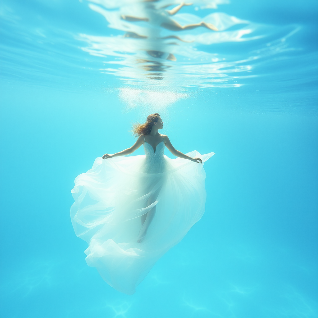 Ethereal beauty swimming underwater in light diaphanous flowing gown