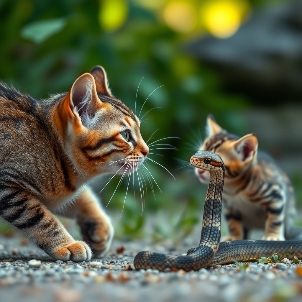 A mother cat confronts a snake, while a kitten hides behind the mother cat, shot from the side.