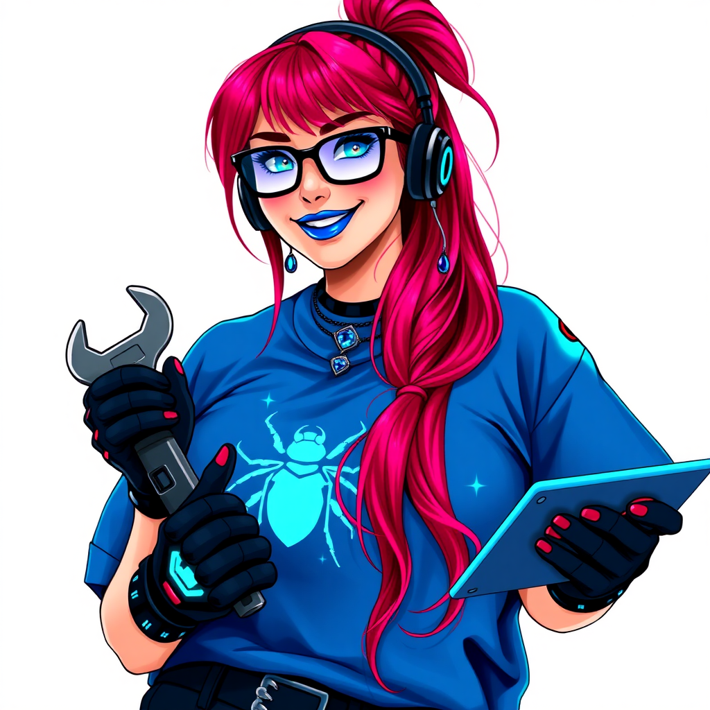 An intelligent and tech-savvy 29-year-old computer hacker and tech genius. She has a long ruby red ponytail. She wears maximum blue lipstick, blue eyes, a sapphire beetle gemstone necklace, sapphire earrings, black eyeglasses, hi-tech power gloves, and an oversized maximum blue t-shirt featuring a neon blue glowing beetle chest icon. She has a gargantuan full-figured physique with a prominent round gargantuan midsection, reflecting her well-cared-for lifestyle. She sports a sapphire headset with a hi-tech maximum turquoise lensed HUD, and a beaming smile accentuated by a passionate neon red blush. She serves as his tech expert from his hideout, holding a futuristic tool wrench and a futuristic digital tablet. The background is solid white. She is drawn as if she was in a retro 2D cyberpunk fighting game.