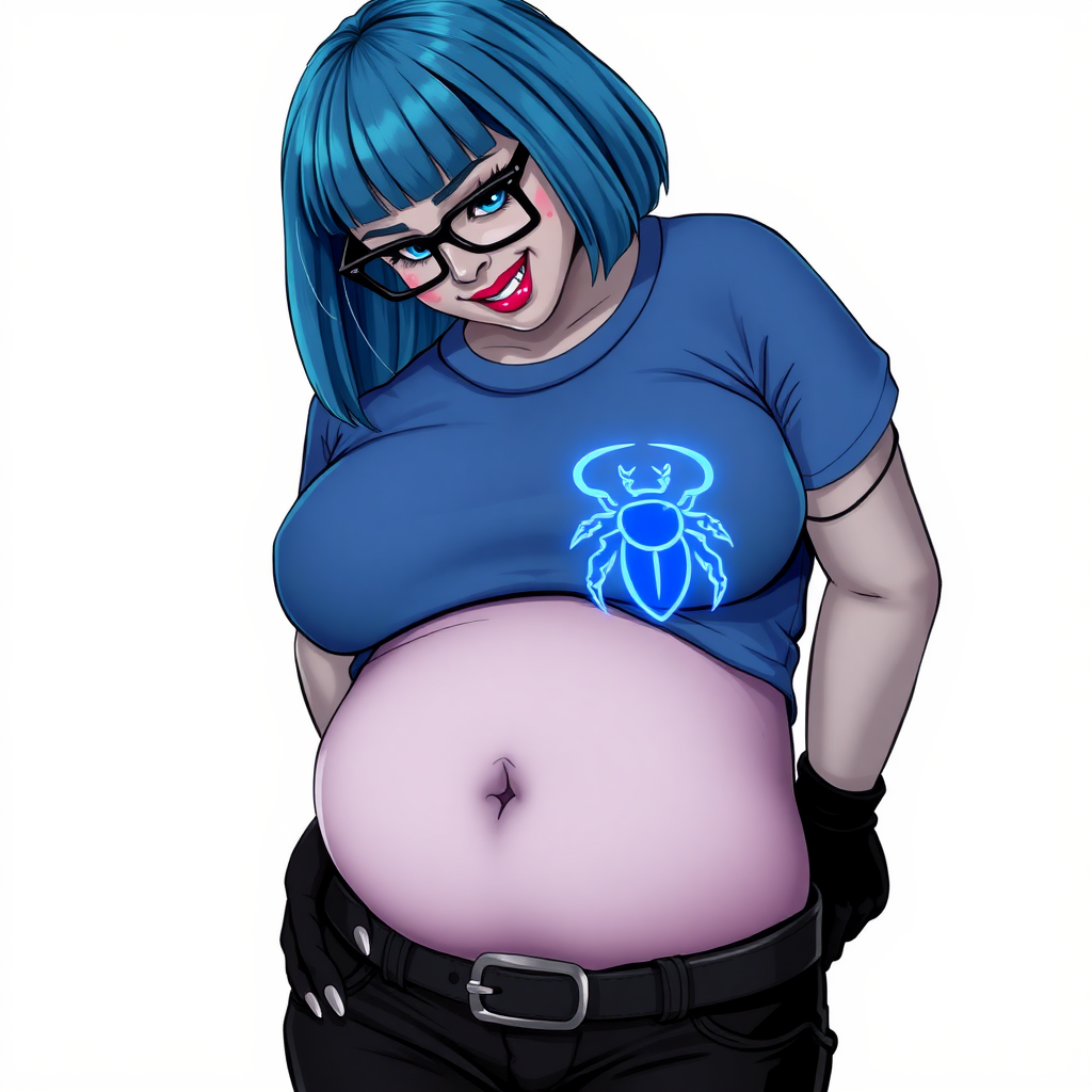 A 28-year-old, full-figured, metallic middle gray skinned computer program hybrid with a maximum blue bob cut. She has a non-athletic build, highlighted by a prominent, round midsection (with a focus on her belly). As a digital sidekick and computer hacker to her cyberpunk vigilante boyfriend, her middle gray metallic skin and maximum blue lipstick emphasize her digital nature. She wears a tight-fitting, maximum blue t-shirt (accentuating her belly) with a neon blue glowing chest icon of a beetle, black pants, a black belt with a sapphire scarab buckle, and black gloves. Her bright blue eyes, black eyeglasses, and shy smile with neon red blush accentuate her nerdiness. She bashfully bows her head with her hands behind her back, her t-shirt covering her midsection (especially her belly) and emphasizing her full-figured, non-athletic physique. She is on a solid white background. She is drawn as if she was in a retro 2D cyberpunk fighting game. She is clearly non-athletic, with a focus on her full figure. Make sure her t-shirt covers her midsection (especially her belly).