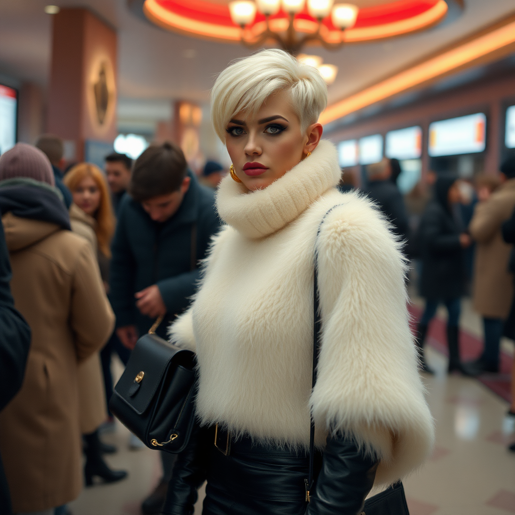 1990 winter evening, crowded cinema lobby: Sam, 19 years old beautiful involuntary femboy, rebellious intractable character, petite boyish figure, platinum blond boyish rebel punk hairstyle, flawless heavily made-up face with sharp arched tattooed eyebrows, wearing Supertanya-style fluffy very fuzzy bright white angora turtleneck-poncho fully covering body and arms, black leather high-heeled thigh-high boots, gold earrings, puzzled alarmed, black leather handbag, pout serious, impatiently waiting for her master. Focus on Sam’s face and turtleneck-poncho.