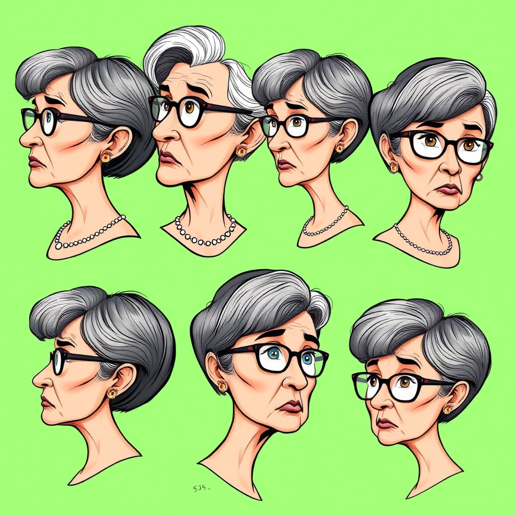 Photorealistic image of six headshots of a 55 Years old, European, Latina, sharp aquiline nose, wrinkles, high cheekbones, Middle Eastern, Skinny, Tanned skin, Dark light skin, full Makeup, jewelry, Sharp nose, frowning, astonished, shocked, dark grey Ash hair, short bowl haircut, Brown eye color, Glasses, with detailed features. Each photo displays the same face in profile and front view, cut out and isolated on a green background. All six heads are visible side by side, empty space around each view, no overlapping. 2D, caricature, cartoon, Sketch lines, coloring book style, well composed, clean coloring book page, No dither, no gradient, strong outline, vector illustration