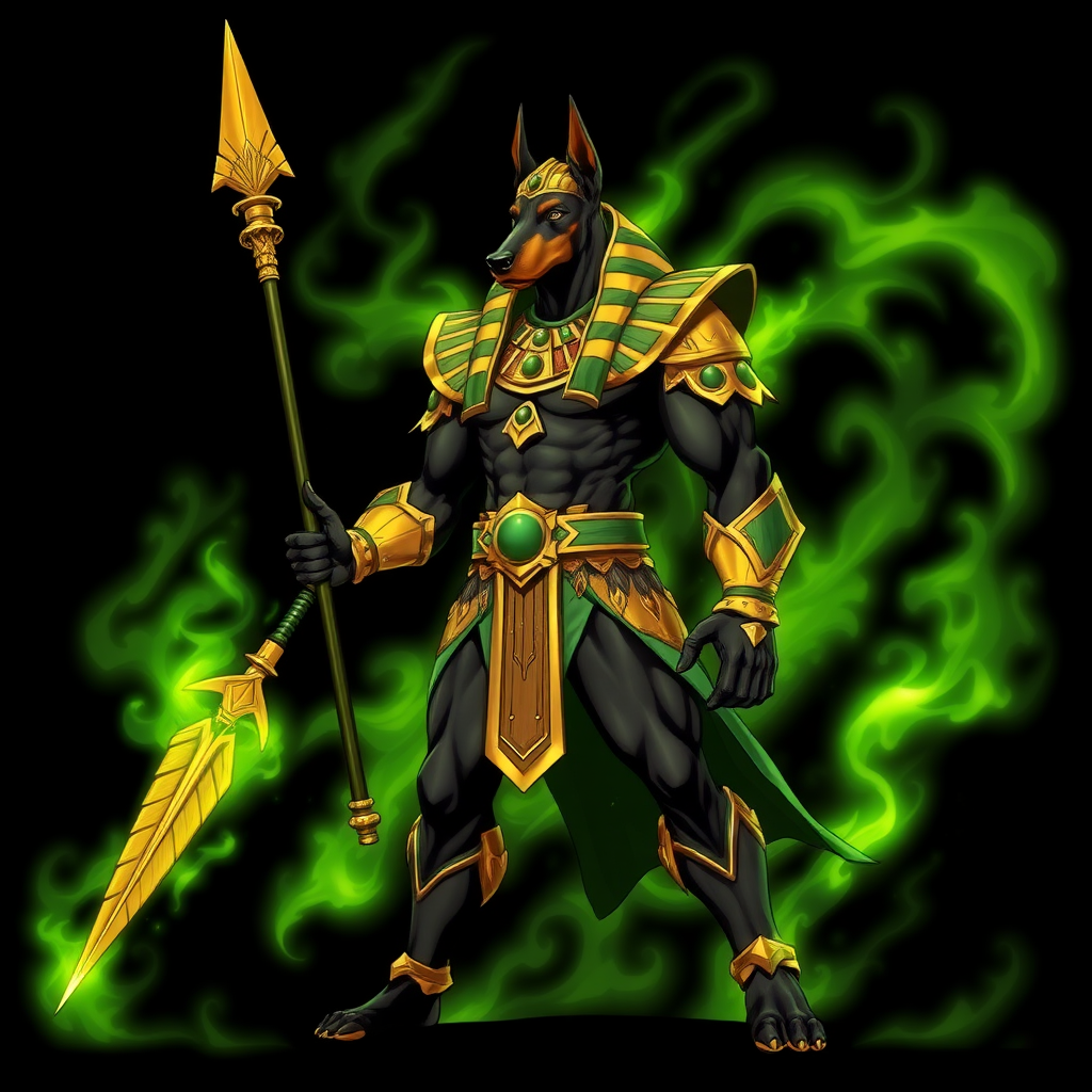 (Anime-styled art) Black background, A towering, muscular humanoid Doberman, clad in ornate golden-green Egyptian armor reminiscent of Anubis, stands with an imposing presence. In his left hand, he wields a gleaming spear adorned with golden feathers, radiating ancient power. Green flames swirl around him, flickering and casting an eerie glow as they highlight his fierce, battle-ready stance.