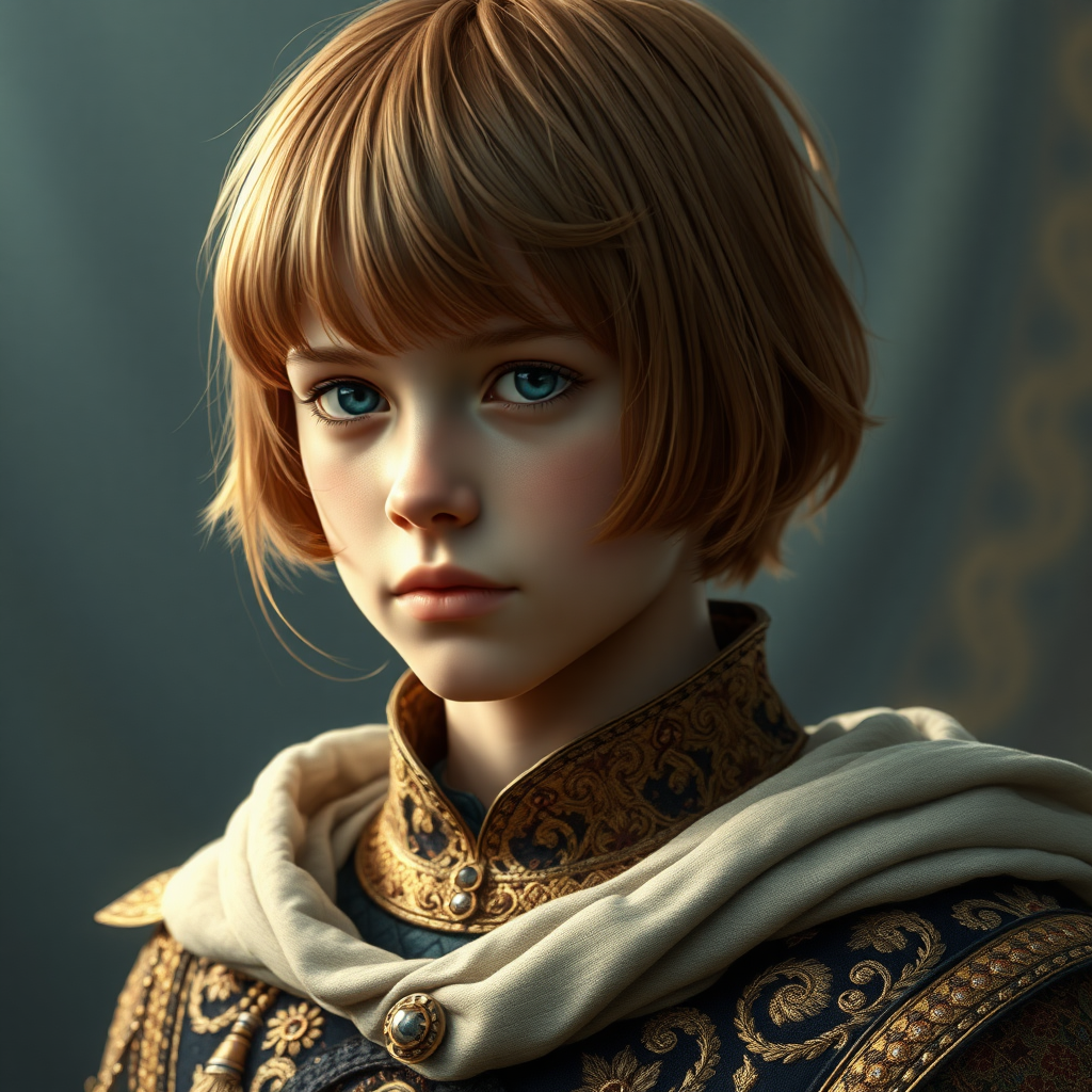 16yo teen boy prince, long bob cut, embroidered with gold and diamonds medieval cloths. photorealistic, ultra high resolution, 16K,