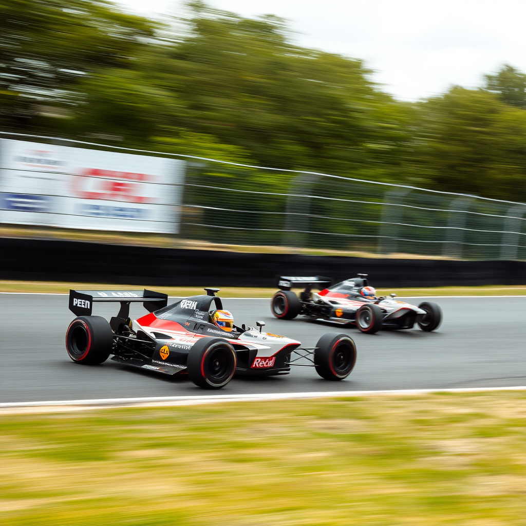 two formula e cars whizzing along at high speed.