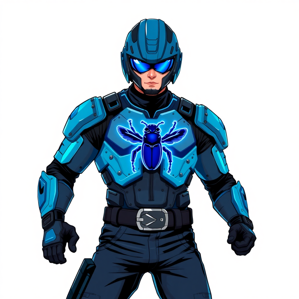 A 28-year-old cyberpunk vigilante stands heroically, clad in hi-tech, maximum blue tactical armor featuring a neon blue beetle on the chest. He wears black biker pants, a black belt with a sapphire beetle buckle, and a helmet resembling a sleek, tactical design, but colored maximum blue with neon blue lenses. Their hands are protected by black hi-tech gloves, all set against a solid white background. He is drawn as if he was in a retro 2D cyberpunk fighting game.