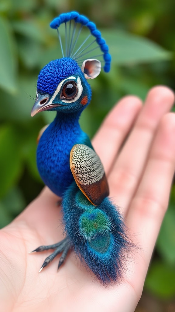 A small tiny cute chubby big eyes big perfect tail real blue dancing peacock with tail on hand