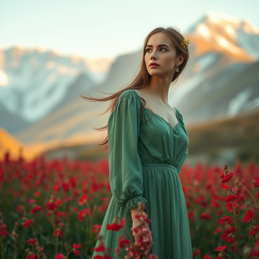 A graceful young woman in her 20s standing in the middle of a field overgrown with red larkspur flowers. She is wearing a flowing dress in soft green shades, inspired by the delicate and slender petals of larkspur. Her expression radiates passion and devotion, her posture is straight and elegant. Her long hair is decorated with delicate green larkspur flowers that gently sway in the wind as she gazes thoughtfully into the distance. A dreamy, fantastic landscape with snow-capped mountains bathed in warm light is depicted in the background, creating a serene and magical atmosphere. Ultra-detailed, 4K, high-quality, realistic fantasy style, --ar 9:16 --style raw --stylize 300 --v 6.1