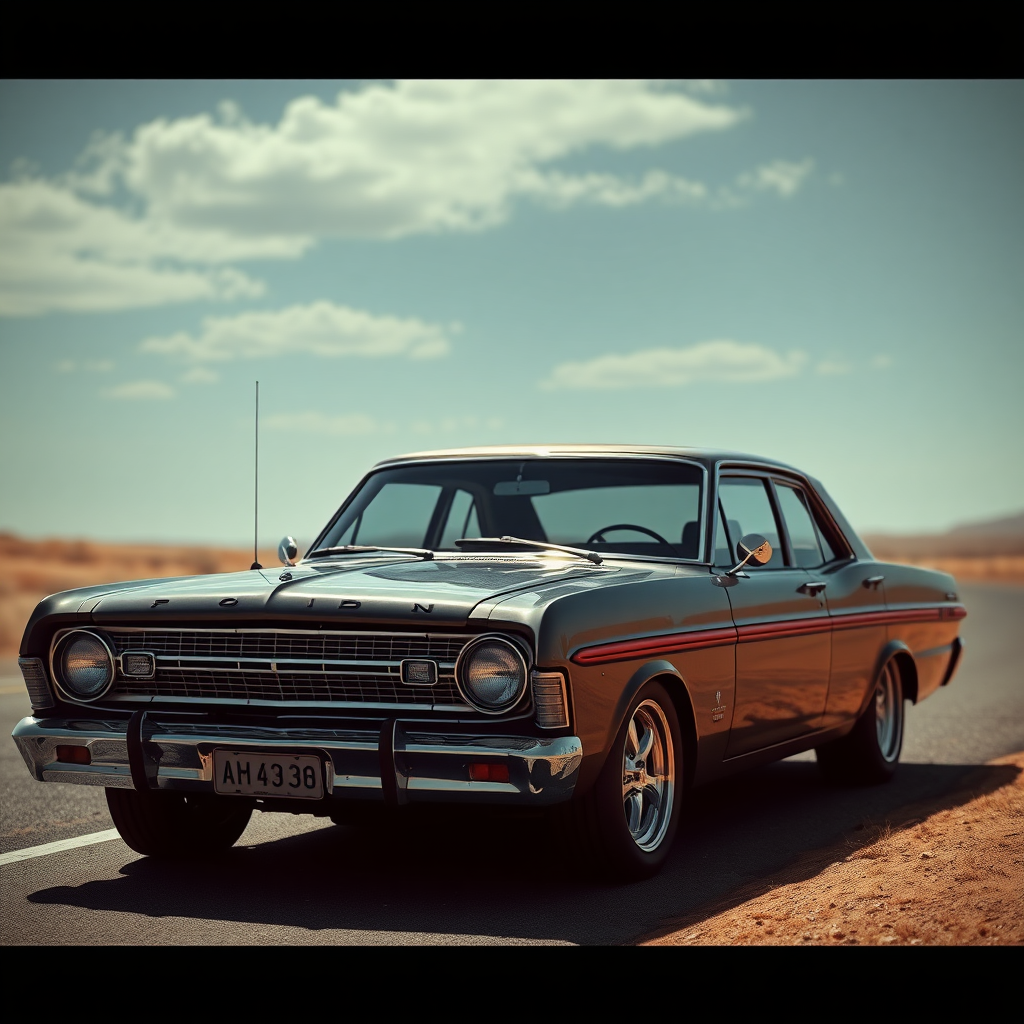 ford falcon mad max the car is parked on the side of the road, inspired by Taiyō Matsumoto, tumblr, restomod, nd4, c4