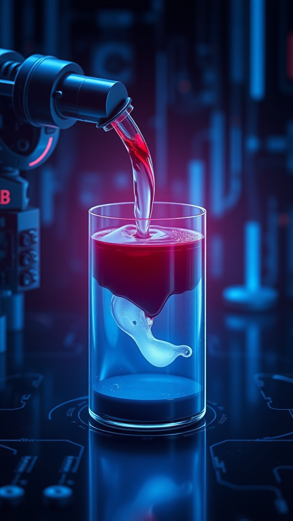 The image of extracting liquid from a secondary battery and regenerating it, express it as a realistic image with 3D rendering, express the background as a cybernetic and mysterious image, and express the overall color as dark blue.