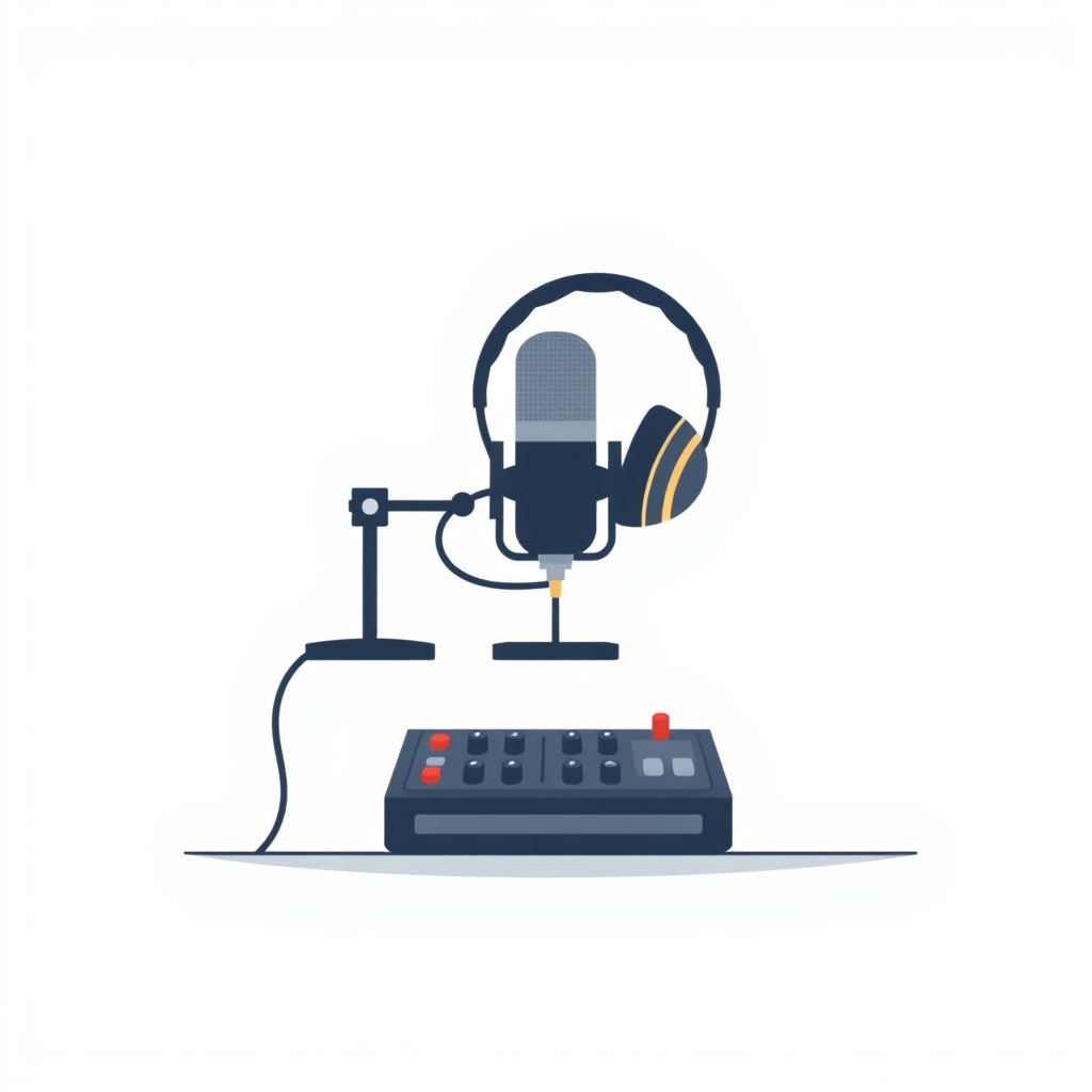 A minimalist, flat design illustration of a podcast setup. The image should include a microphone, headphones, and a sound mixer or audio interface on a simple desk or tabletop. The background should be a plain, neutral color like white, gray, or light blue. The overall style should be clean, modern, and visually appealing as a generic stock image for podcasting.