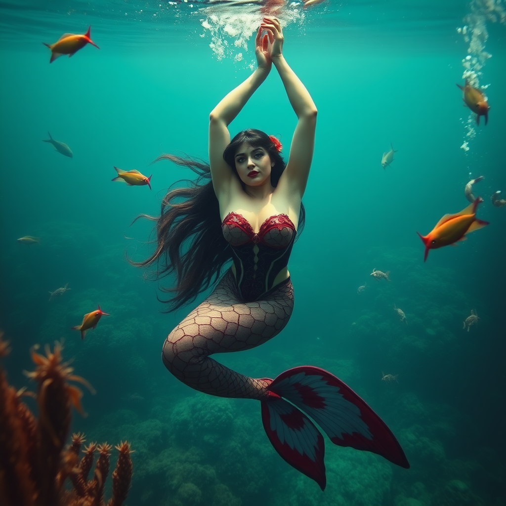 Vampirella as a mermaid she's floating underwater surrounded by sea creatures and plant life. Her graceful arms float above her head. In the photographic style of Suze Randell on DSLR