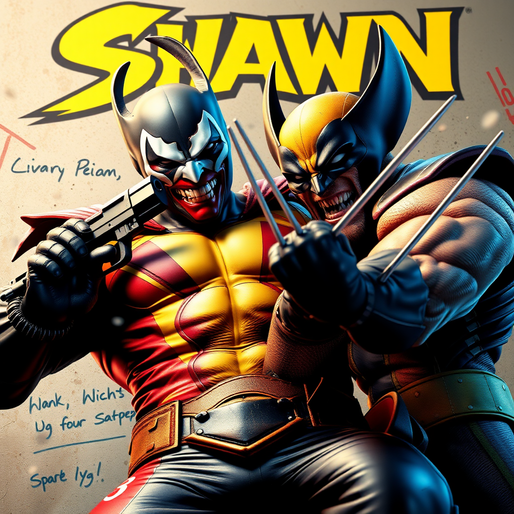 On a comic book cover is Spawn holding a gun Vs Wolverine in Cinematic Real3d photo-realistic quality.