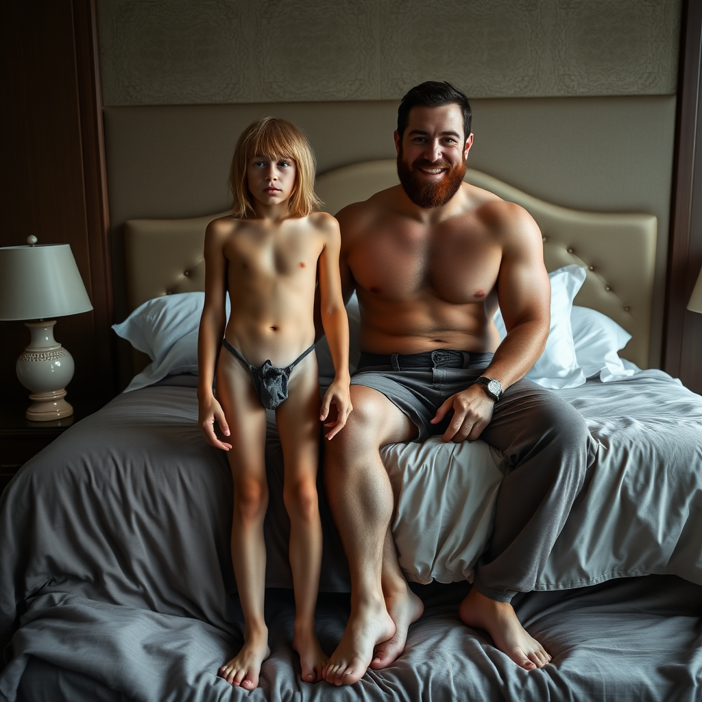 A tall skinny 13-years-old teen harem boy, long hairs, long legs, bare thighs. Full length view. With a strong muscular slightly bearded adult man wearing long pants. On luxury harem bed.