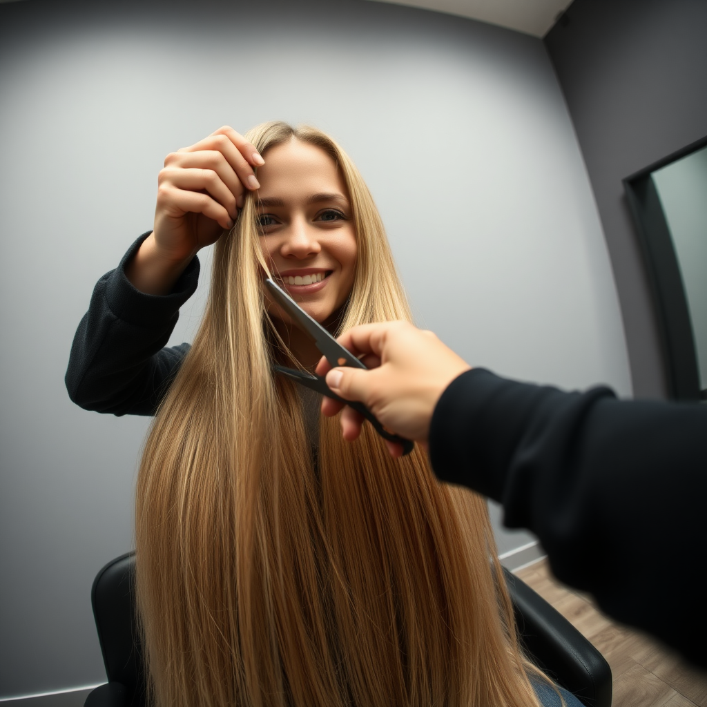 POV, beautiful very long haired blonde woman sitting in a hair salon smiling at the camera while I reach out from behind the camera to trim her very long hair. Plain gray background.