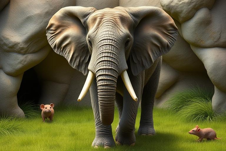 Create a full-length photorealistic image of an elephant resembling the framework of a mouse, maintaining its head intact, showcasing its distinctive facial features. The skin should exhibit the textured appearance of an elephant while incorporating soft fur elements reminiscent of a mouse. Design the background inspired by the habitats of both animals, blending lush savannah elements with cozy, grassy nooks typical of a mouse's environment. Ensure the scene captures a whimsical yet realistic portrayal, emphasizing the unique combination of these two creatures.