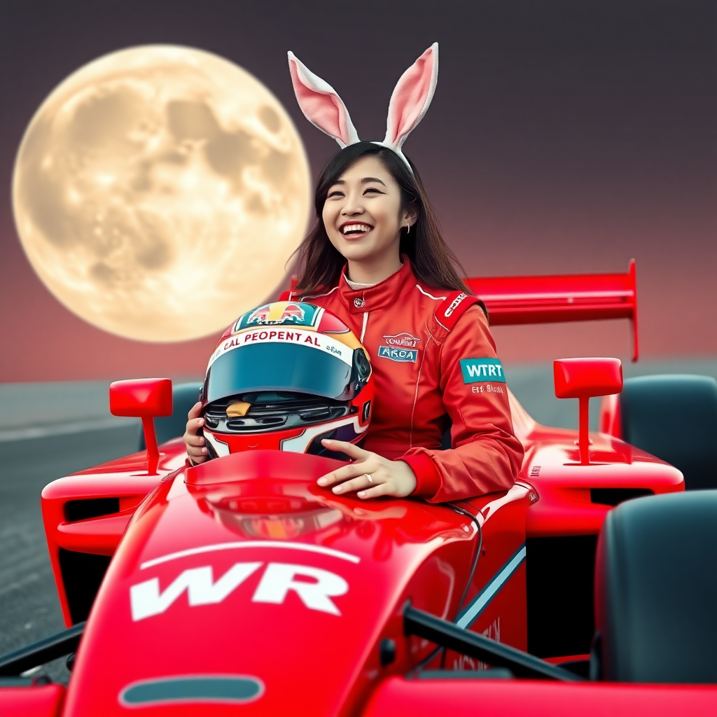 A red racing car, with "WRT" written on it, features a beautiful Chinese female racer holding a racing helmet. She is laughing, wearing rabbit ears on her head, with an enormous moon in the background.