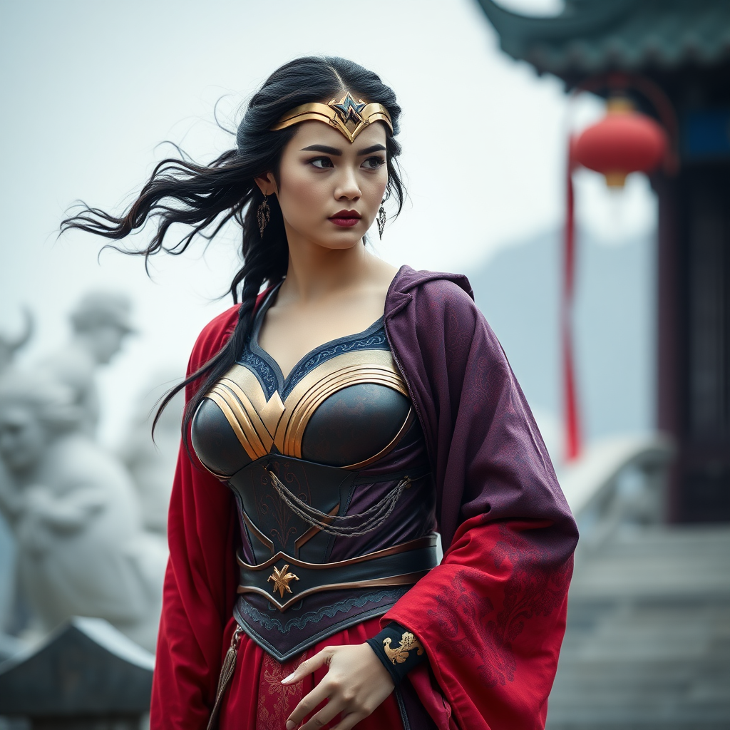 The Wonder Woman in Hanfu, the Chinese mythological figure Chang'e wearing JK costume, Shot from a distance. In the style of documentary photography, style raw.