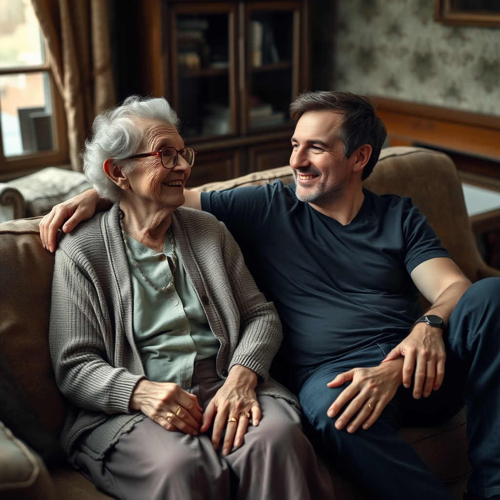 In a scene viewed from an angle and slightly above: In an old-fashioned English living room, a very frail, small and thin, very old and elderly English lady with a kind smile, short, thinning white curly hair, wrinkled face, neck and skin, wearing thin framed glasses, an old cardigan, blouse and long skirt is sitting on a sofa with an English man about 40 years old, grey stubble on his chin, brown hair, sitting close next to her on the same sofa, wearing a black T-shirt and dark blue jeans. The man and woman are smiling at each other. The woman is looking at the man's eyes and smiling. The man is looking at the woman's eyes and smiling.