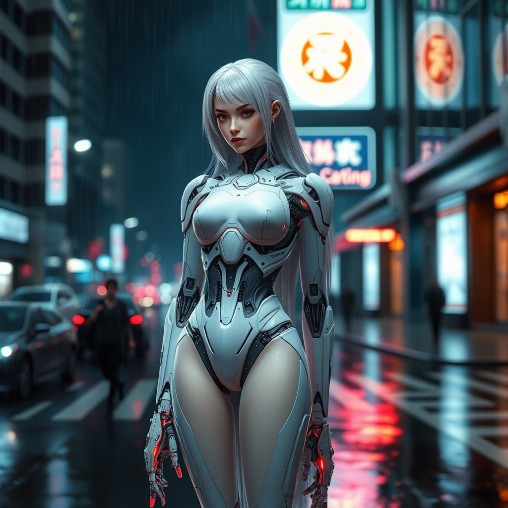 Create a photograph of a cyborg with the following characteristics:  
<Cyborg design>  
Female gender. Standing. 60% flesh, 40% robotic. Long hair on head.  
</Character design>  
<Scene>  
Futuristic. Cityscape. Neon lighting. Night time. Raining.  
</Scene>  