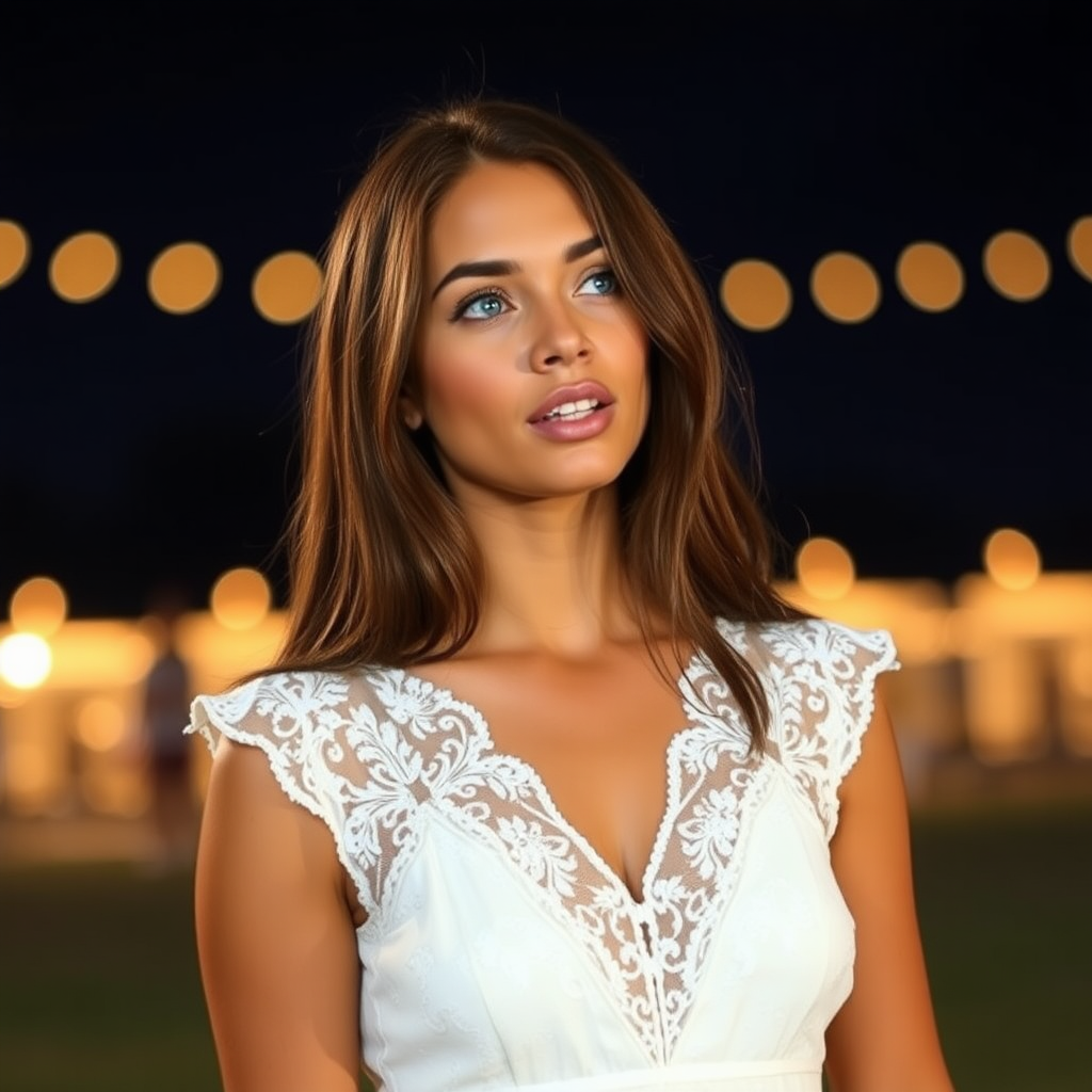 a young woman singing. she is looking like lucy thomas. long brunette hair with highlights, bright blue eyes. suntanned skin. small lips colored pale rose. looking to the side. wearing a long white dress with transparent lace. view from far. night sky in background. photo