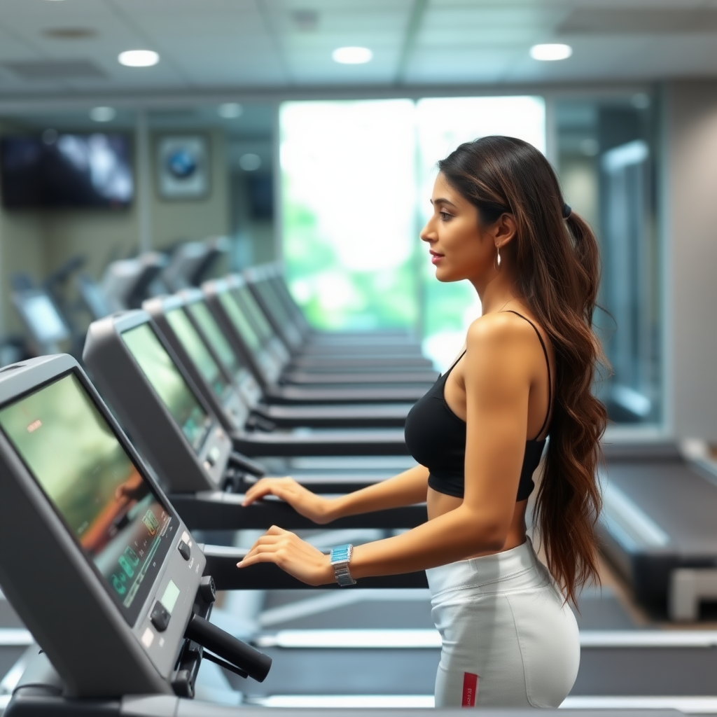 slim, Indian wife, working out on Treadmill in gym