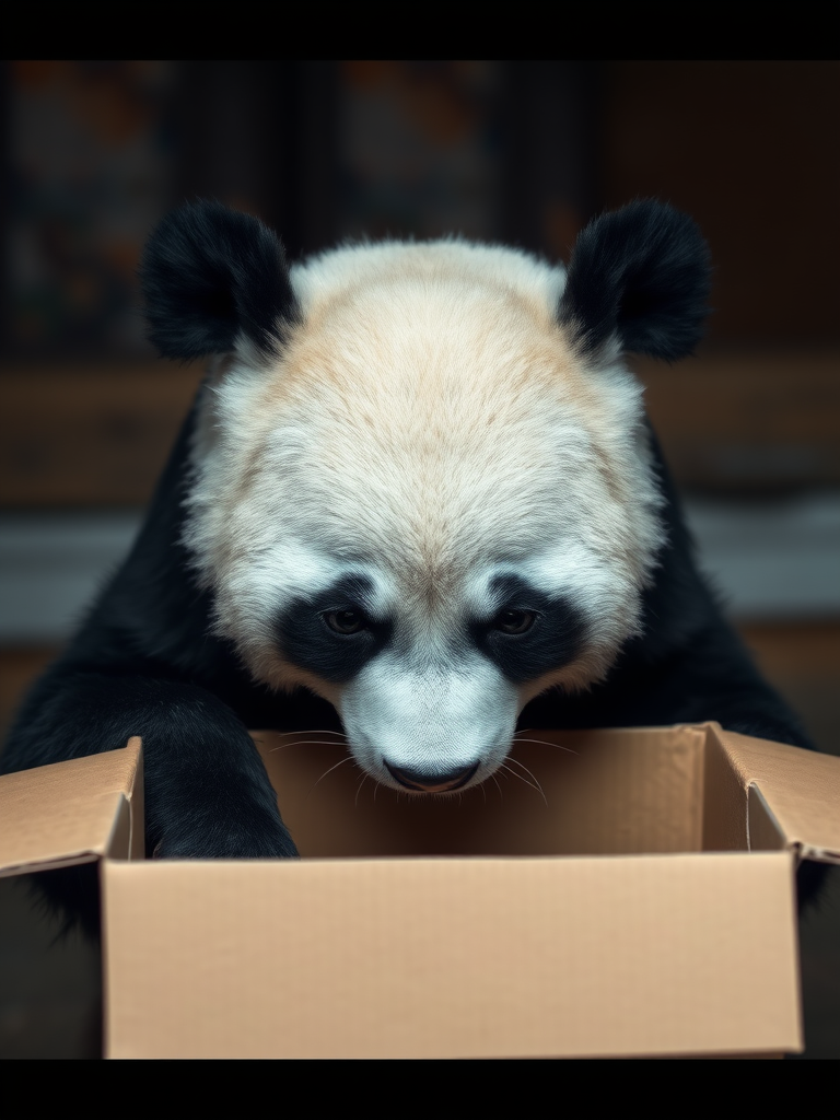 A photo realistic picture of a panda bear with a sad look on his face, peering into an empty cardboard box.