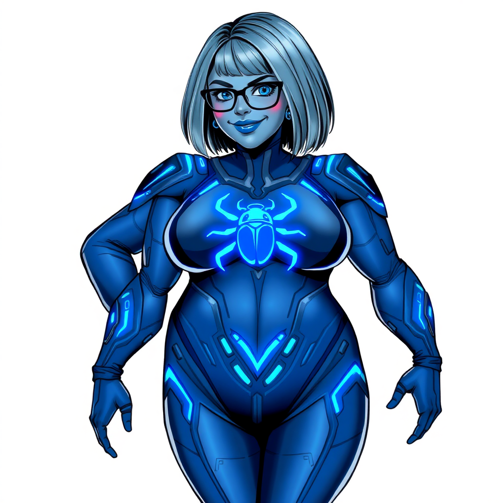 A 28-year-old, full-figured, middle gray metal skinned computer program-human hybrid with a maximum blue bob cut. She is the digital sidekick, computer hacker, and nerdy girlfriend of her cyberpunk vigilante boyfriend. Her middle gray metallic skin, distinct from any other character, highlights her digital nature. She wears maximum blue lipstick and has bright blue eyes. Her outfit includes a maximum blue full bodysuit with neon blue glowing beetle-themed accents completed by a neon blue glowing chest icon of a beetle. Black eyeglasses accentuate her nerdiness, and she has a lovestruck smile with neon red blush. Her full figure, including a prominent, gargantuan, round midsection (with the full emphasis on her gargantuan belly), gigantic limbs, and broad shoulders, reflects the doting care of her vigilante boyfriend. The background is solid white. She is drawn as if she was in a retro 2D cyberpunk fighting game. Ensure her bodysuit covers all her bare skin (especially her round gargantuan belly). Her bodysuit is influenced by DC's superheroine Jennifer Knight Phantom Lady but remains distinct.